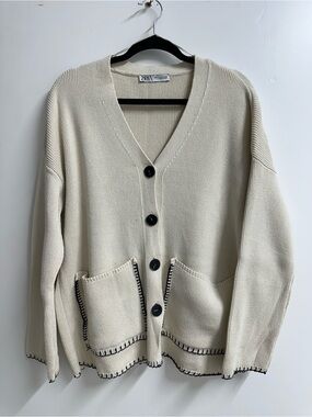 Zara Cream Cardigan with Black Stitching